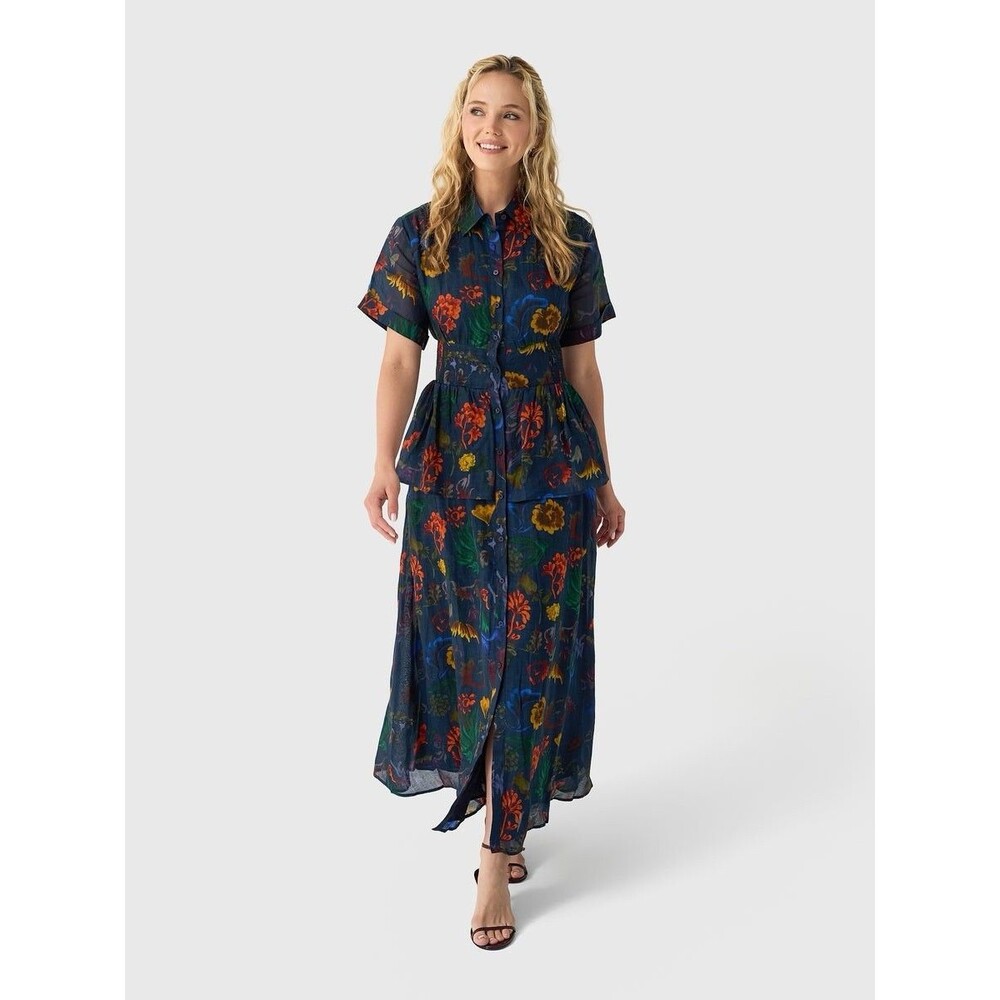 Rosie Assoulin Blue Boogie Woogie Bugle Boy Dress Dark Floral Maxi Peplum